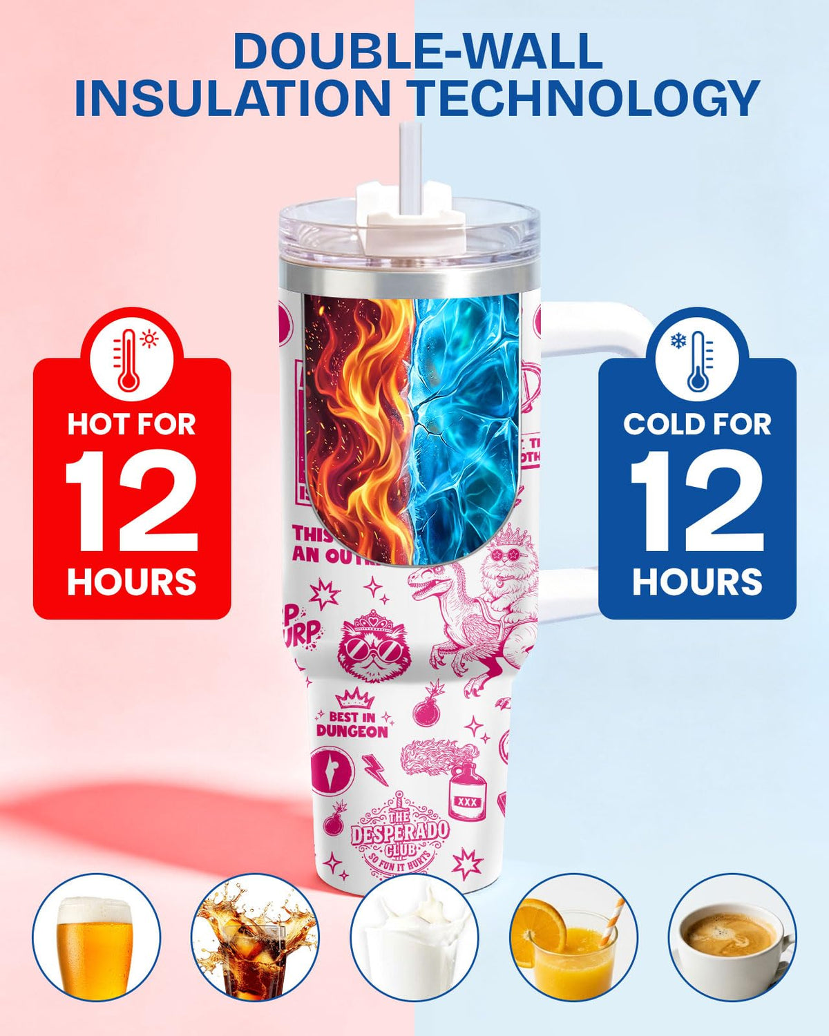 Funny Gamer 40oz Tumbler with Handle Straw Lid Dungeon Cat Dinosaur Meme Insulated Stainless Steel Travel Mug Gifts for Women Men Book Lover Gift