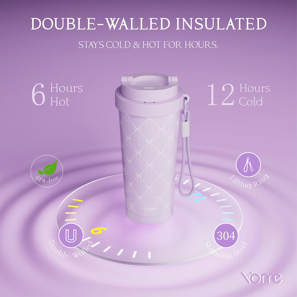 17oz Elegant Purple Bow Ceramic Lined Insulated Coffee Mug with Infuser for Women