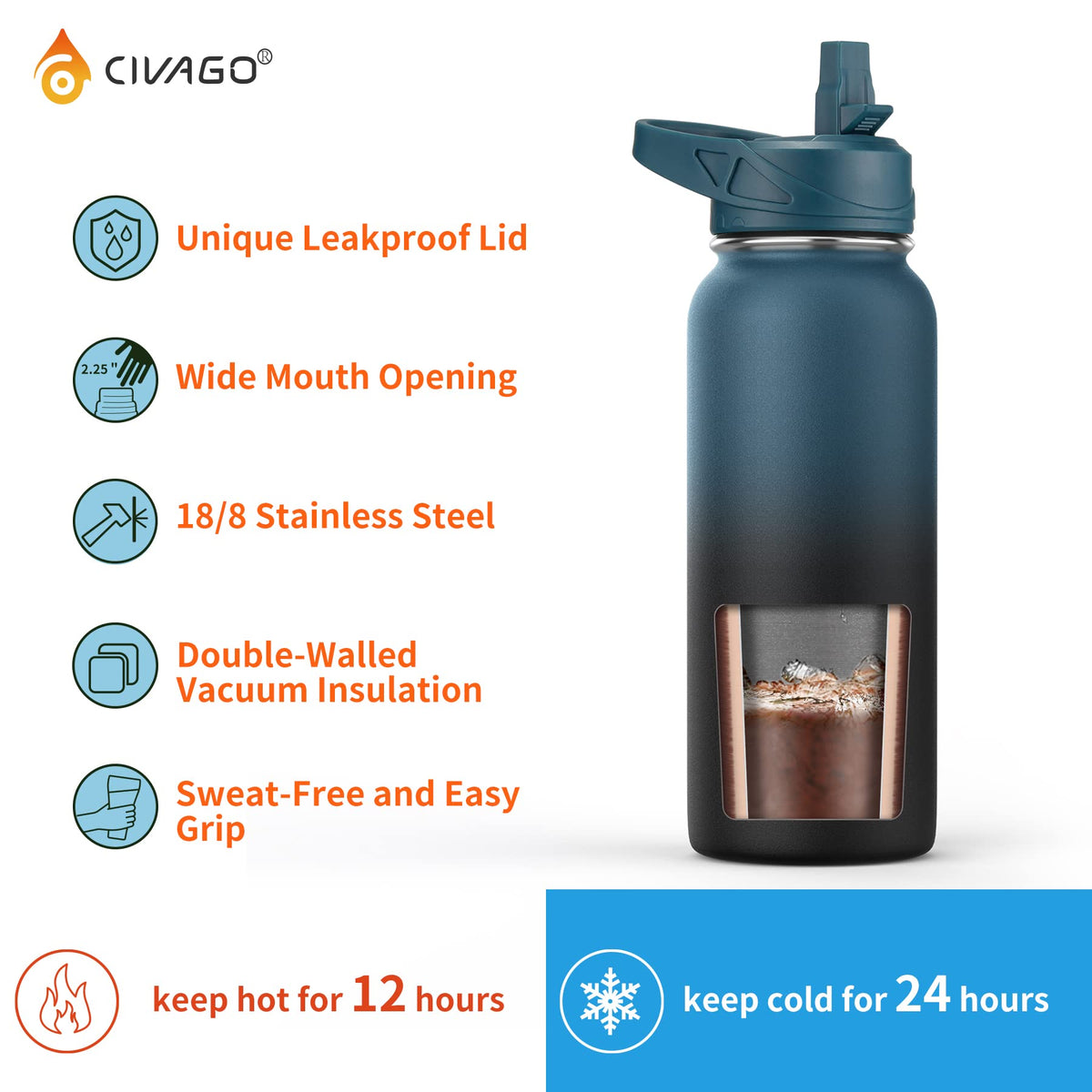 Gallon Insulated Stainless Steel Water Bottle With Straw and 3 Lids