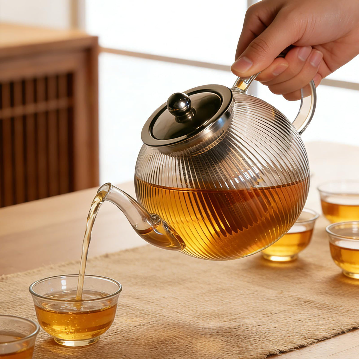 50OZ 1500ml Ribbed Borosilicate Glass Teapot with Removable Stainless Steel Infuser & Lid