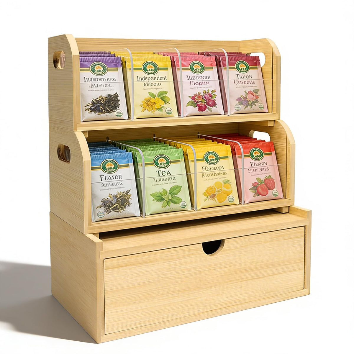 3 Layer Stackable Bamboo Tea Bag Organizer with Drawer
