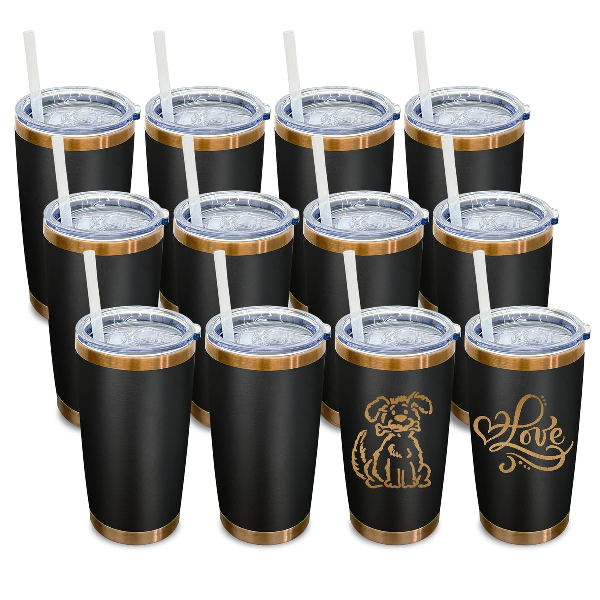 20 oz Tumbler Bulk Stainless Steel Tumblers with Lids and Straws Black (12 Count)