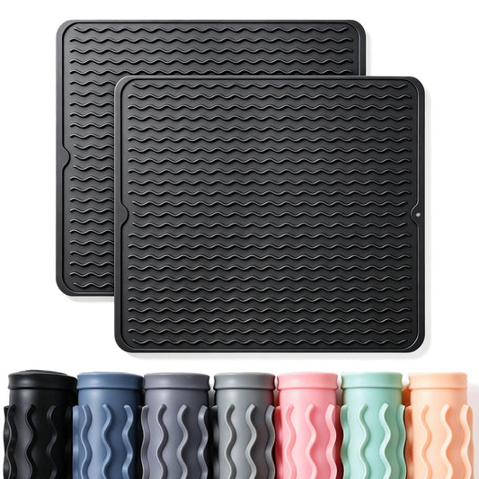 2 Pack Caketime Silicone Dish Drying Mat for Kitchen Counter Under Sink Protector Organizers Cooking Baking Espresso Machine Accessories Appliance Stone Rack Trays Drain Extra Large 18"*16" Black