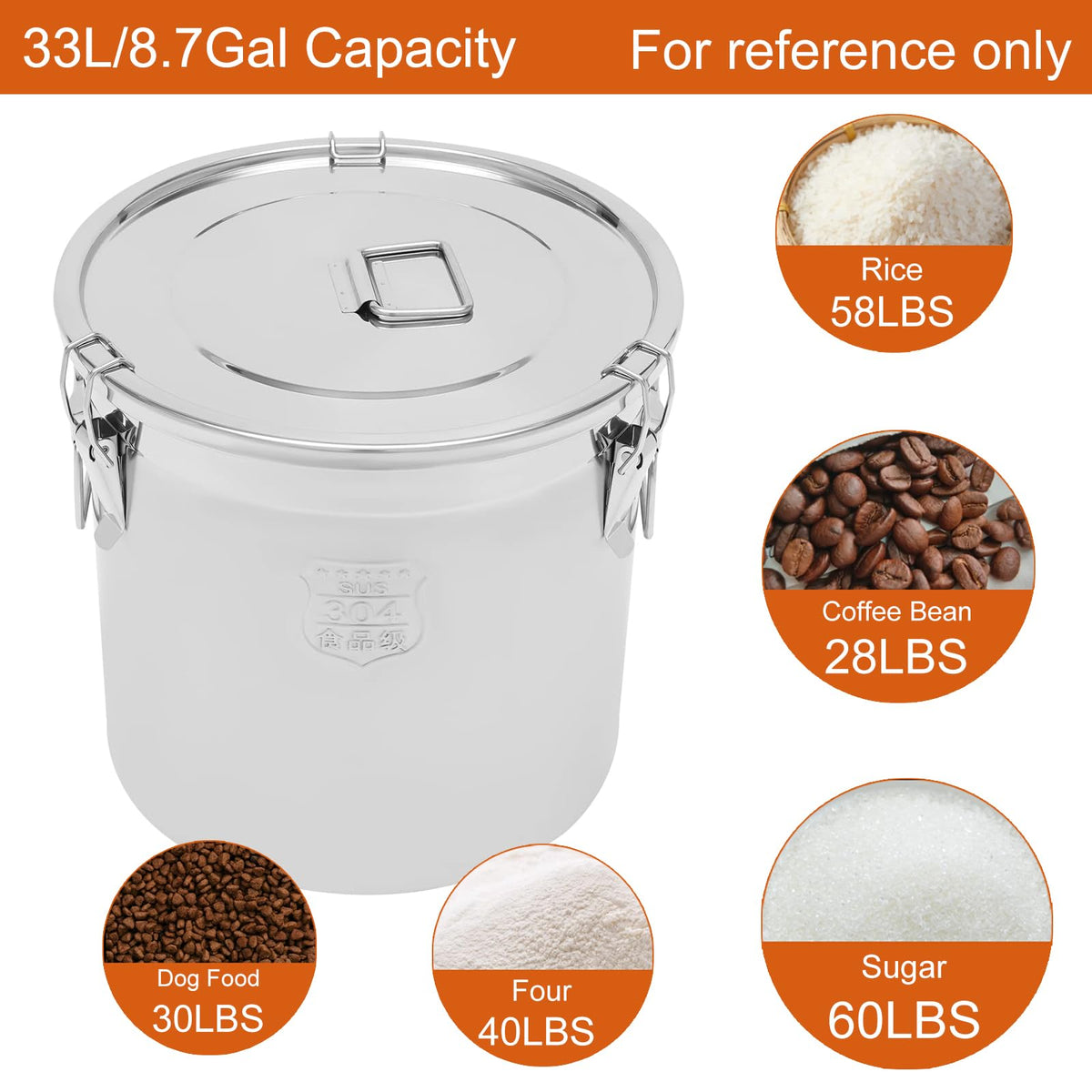 8.7Gal 304 Stainless Steel Bucket Milk Can with Airtight Lid