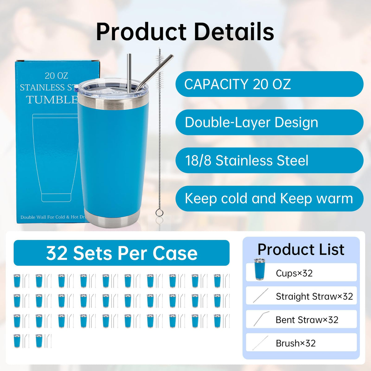 32 Pack 20oz Stainless Steel Insulated Bulk Tumblers with Lid&Straw (32 Count)