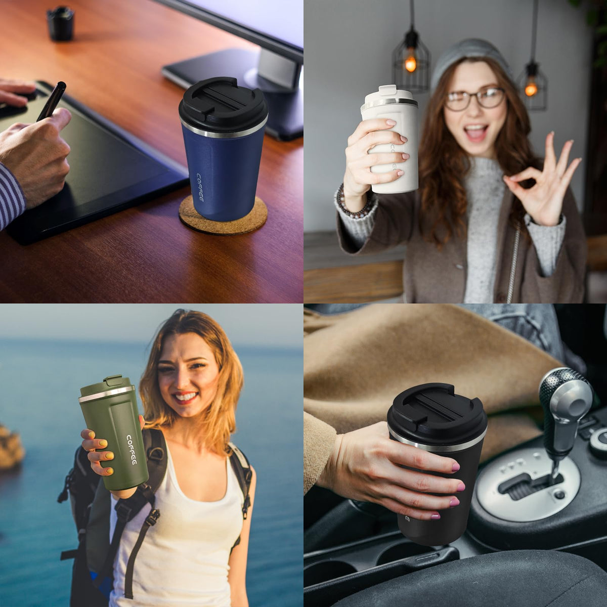 4 Pack Travel Coffee Mug 17oz Insulated Coffee Cup with Lid (4 Count)
