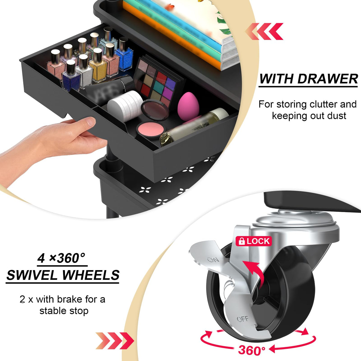 3 Tier Rolling Utility Cart Organizer with Removable Drawer