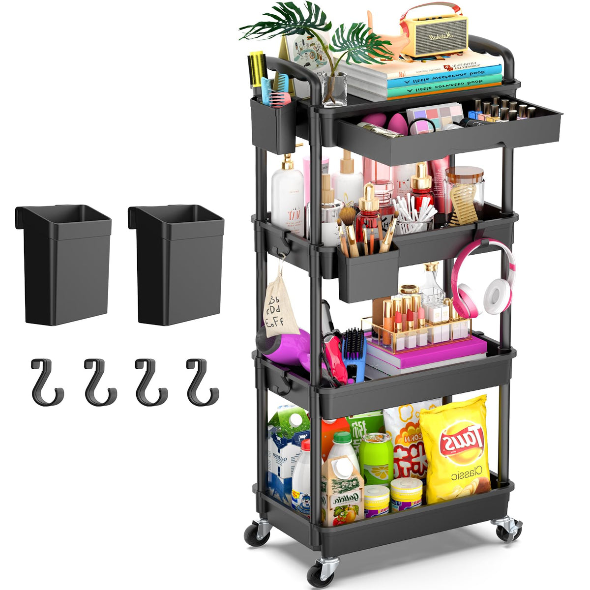 4 Tier Rolling Utility Cart Organizer with Removable Drawer