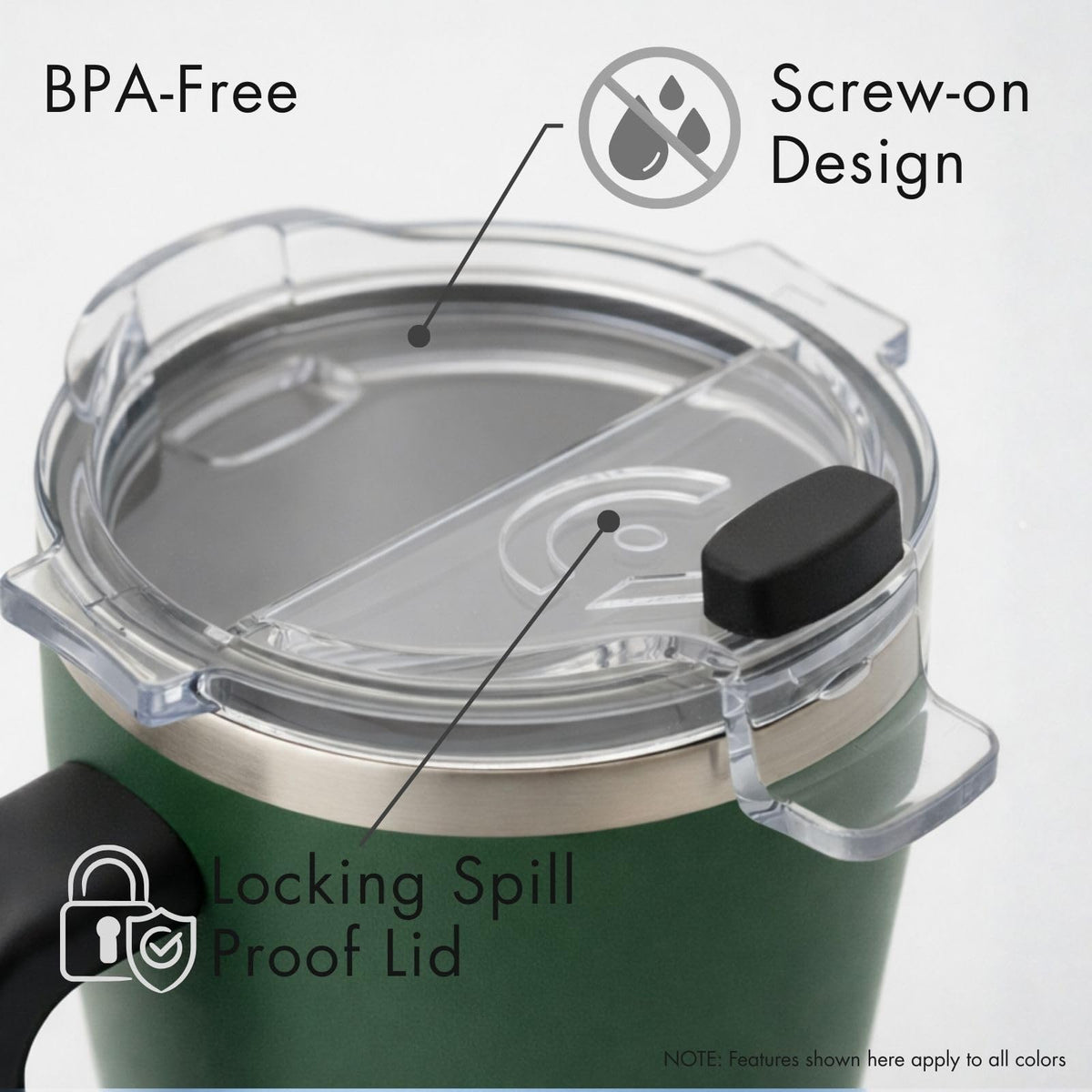 The AM 17 oz Stainless Steel Vacuum Insulated Coffee Mug with 180° Rotating Swivel Handle and Lockable Spill Proof Lid