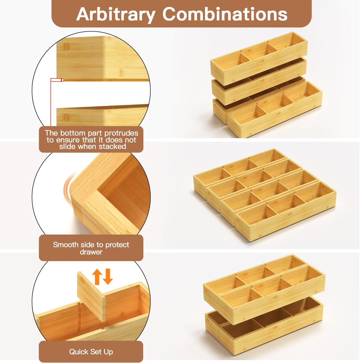 4 Packs Bamboo Drawer Organizer 2 pieces 12.6 * 6inches and 2 pieces 12.6 * 3.2inches