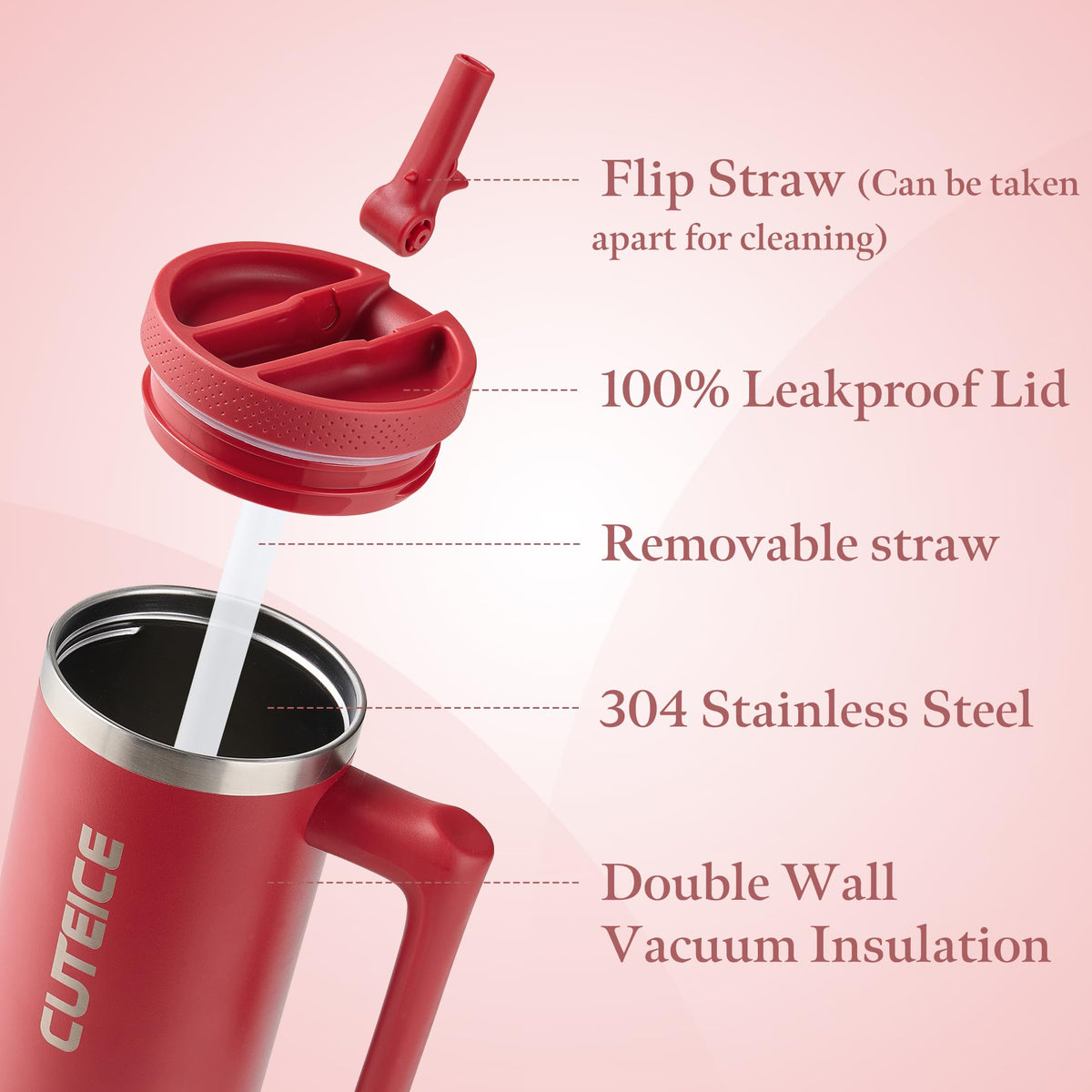 Deep Red 30 oz Tumbler with Handle Coffee Tumbler Cups with Lid and Straw