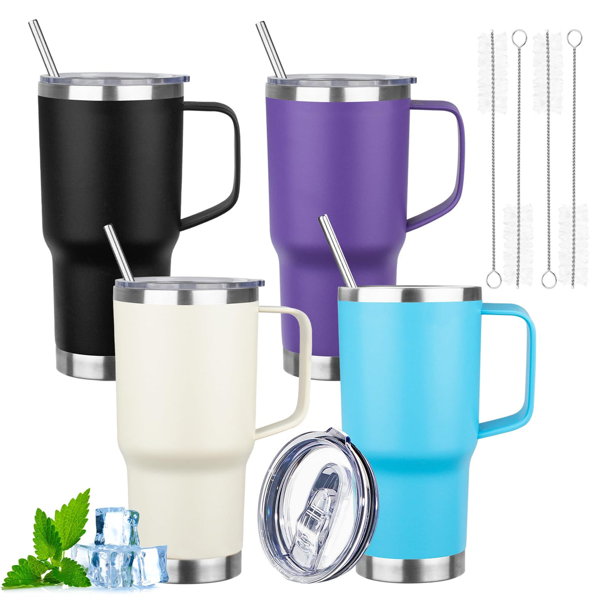 20oz Insulated Tumbler with Handle Stainless Steel Travel Coffee Mug with Lid and Straw Double Wall Vacuum Leak (4 Count)