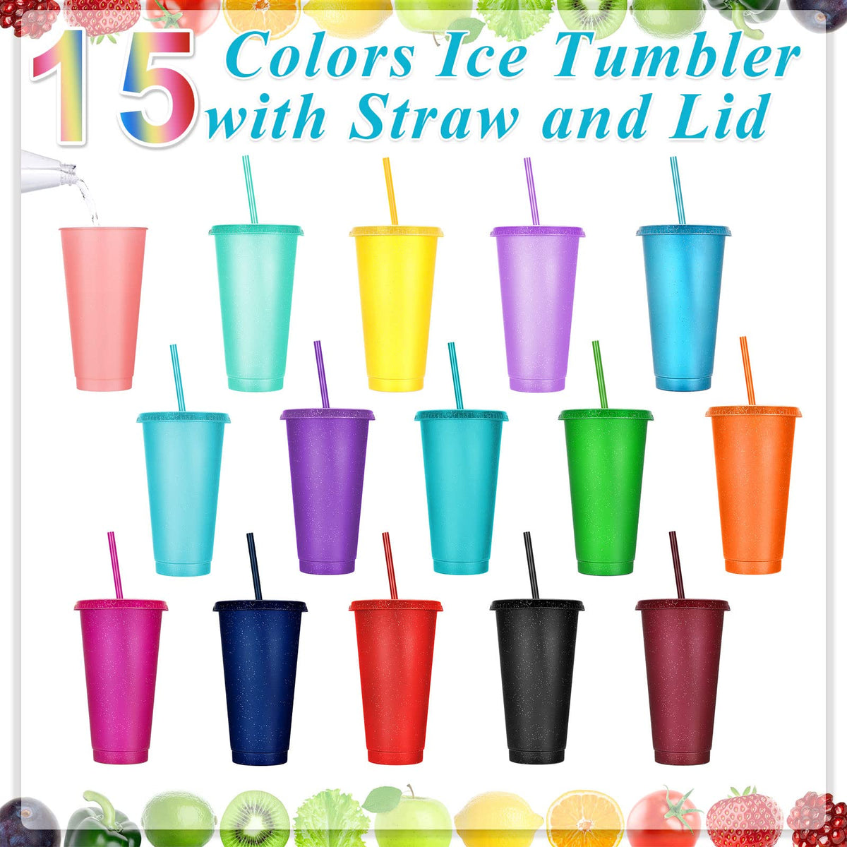 15 Pack Tumbler with Straw and Lid Bulk Cups for Gifts Glitter Plastic Coffee Cups 24