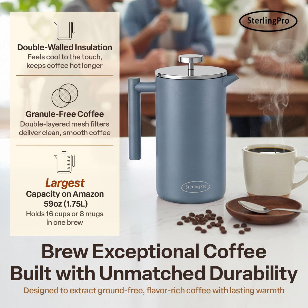 Non Toxic Extra Large Insulated Stainless Steel French Press Coffee Maker 59oz