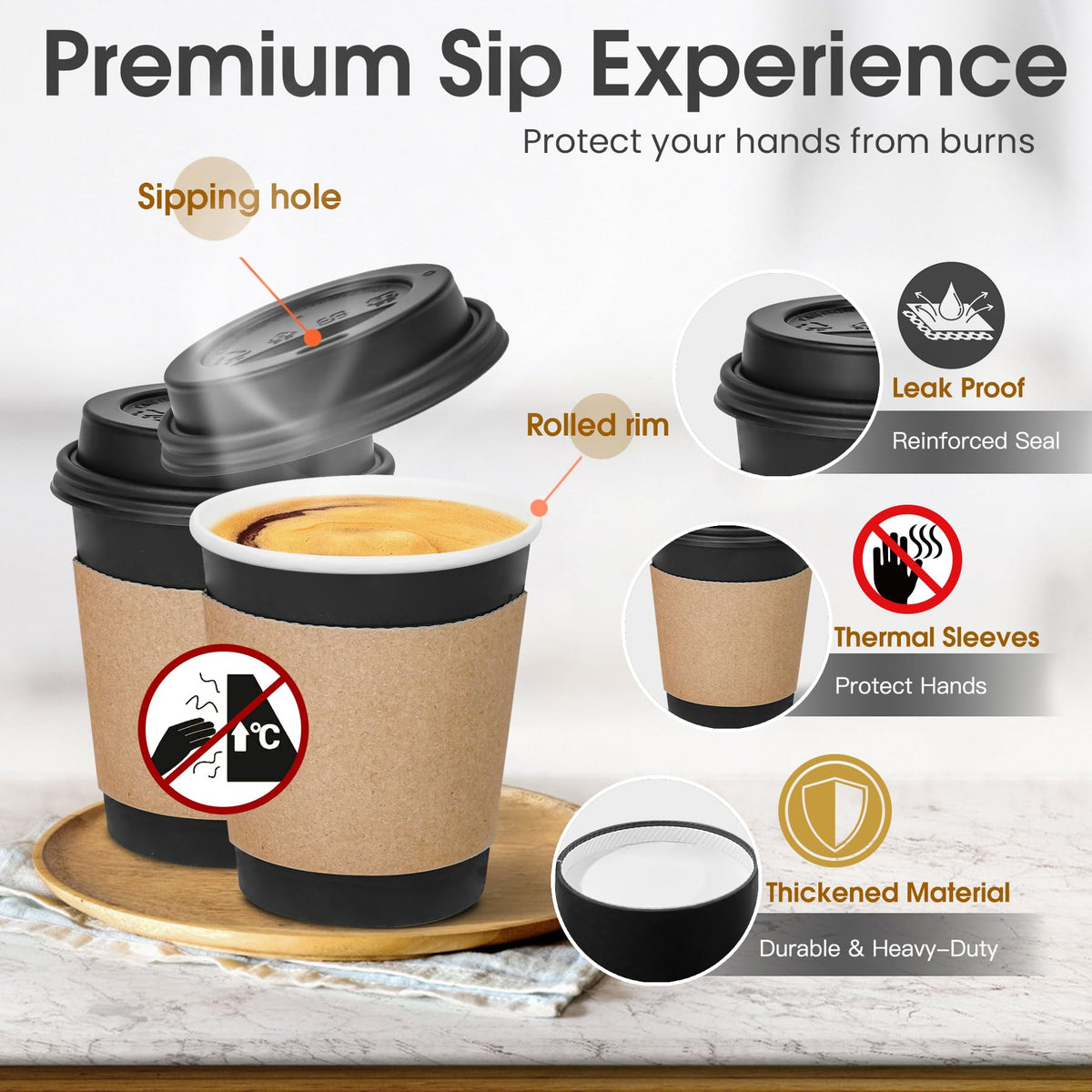 100 Pack 8 oz Disposable Coffee Cups with Lids and Sleeves (100 Count)