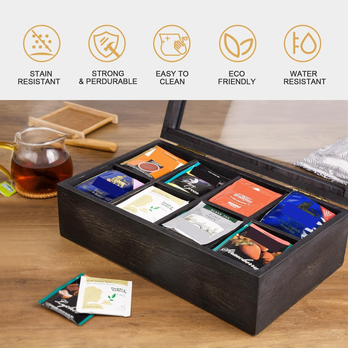 Wooden Tea Box with Lid & 8