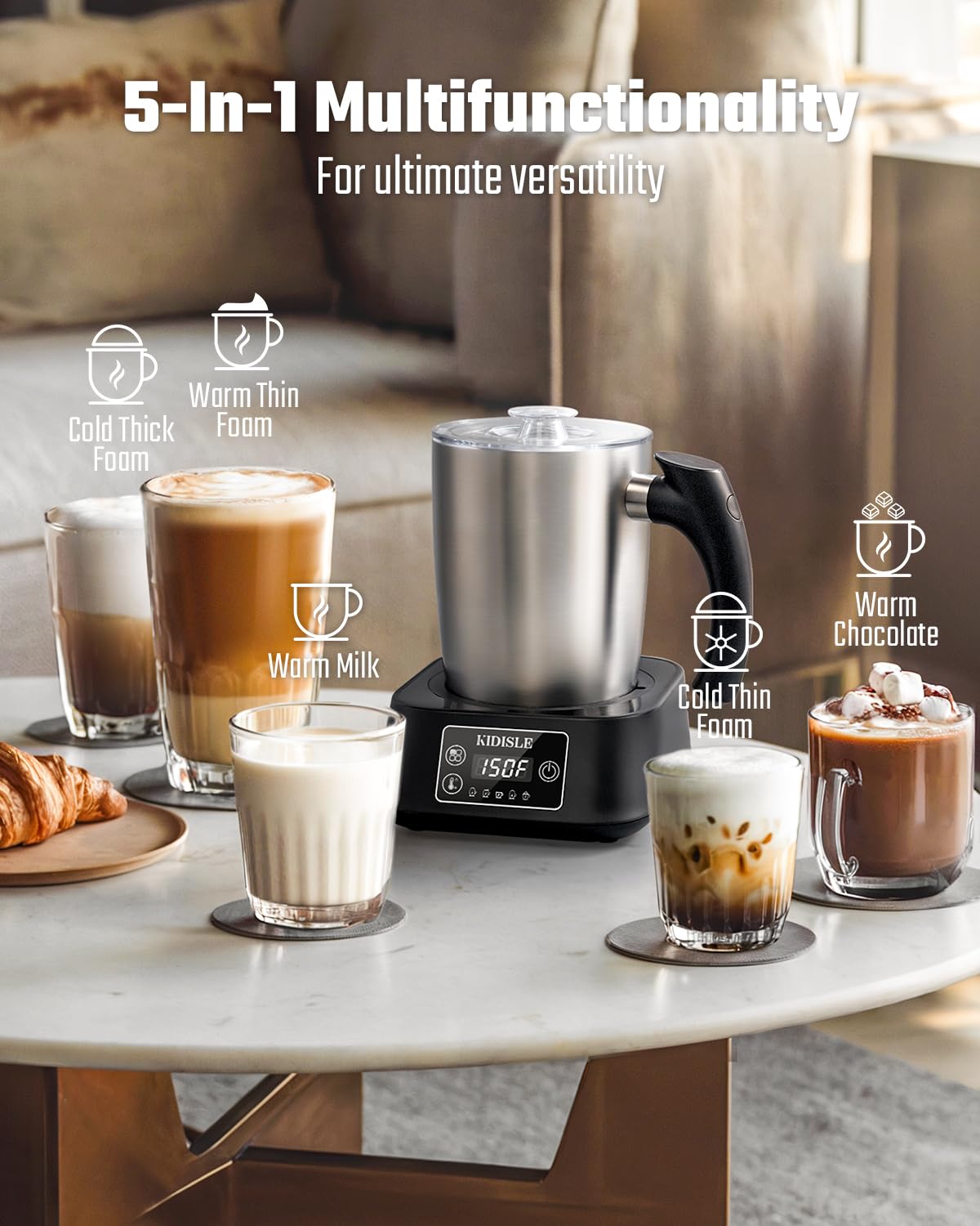 5-in-1 Milk Frother and Steamer, 17oz Detachable Stainless Steel Jug, 4 Adjustable Temperatures 130°F-160°F, Hot & Cold Foam Maker, Hot Chocolate Maker, Dishwasher Safe