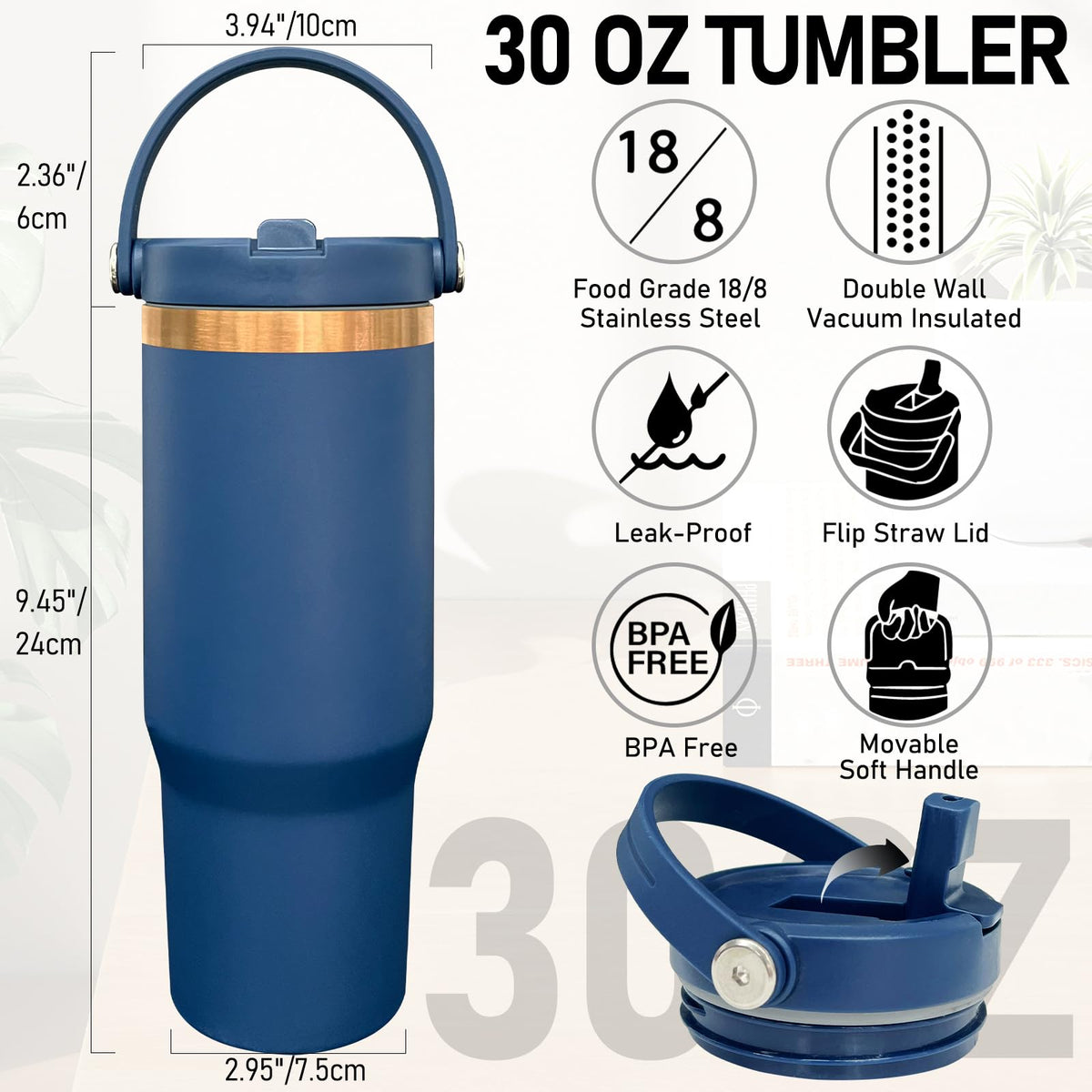 30 oz Tumbler Bulk with Top Handle and Flip Straw Navy (8 Count)