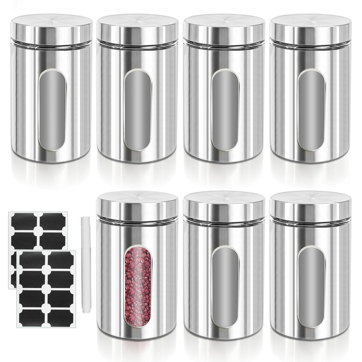7 Pcs Kitchen Canisters Set with Window Glass 32 oz Stainless Steel Candy Storage Jars with Lids Airtight Coffee Containers for Flour Grains Spices Tea Sugar Cookies Kitchen Decorations (7 Count)