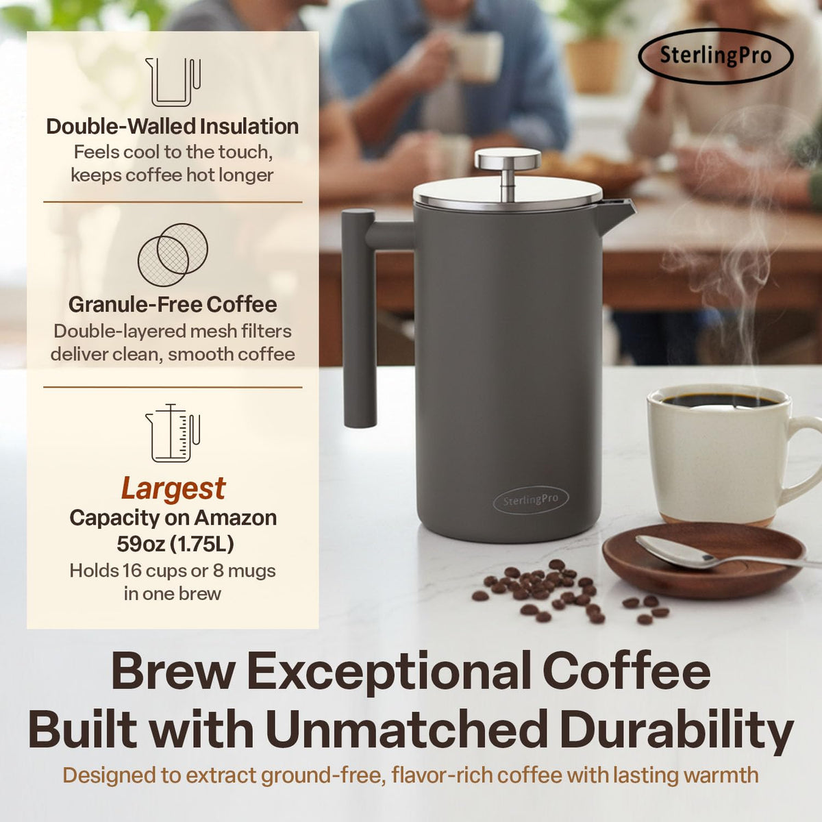 Non Toxic Extra Large Insulated Stainless Steel French Press Coffee Maker 59oz