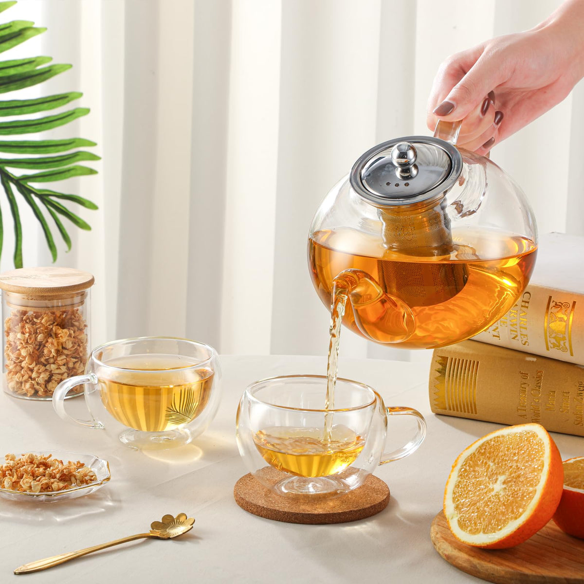 50OZ 1500ML Glass Teapot with Stainless Steel Removable Infuser & Lid