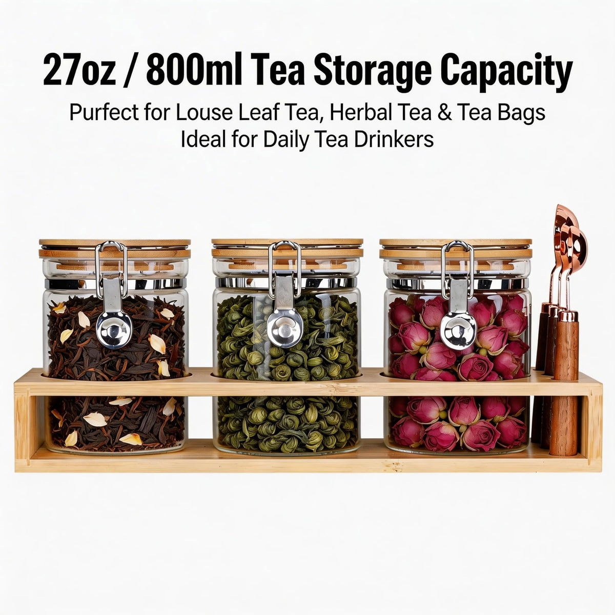 KKC Glass Tea Canister Set of 3 with Bamboo Lids & Spoons