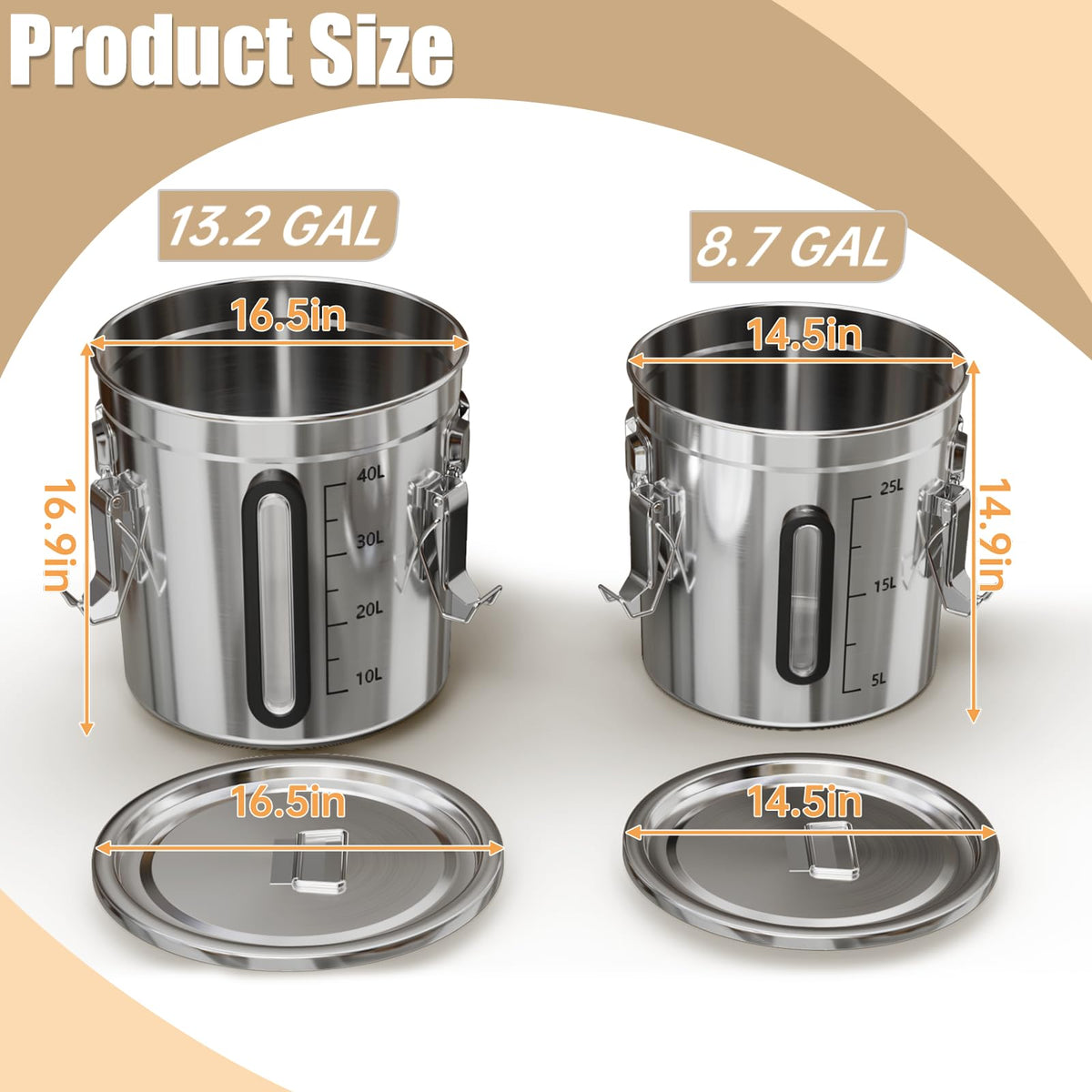 2 pcs 8.7 13.2 Gal Stainless Steel Airtight Canister (2 Count)