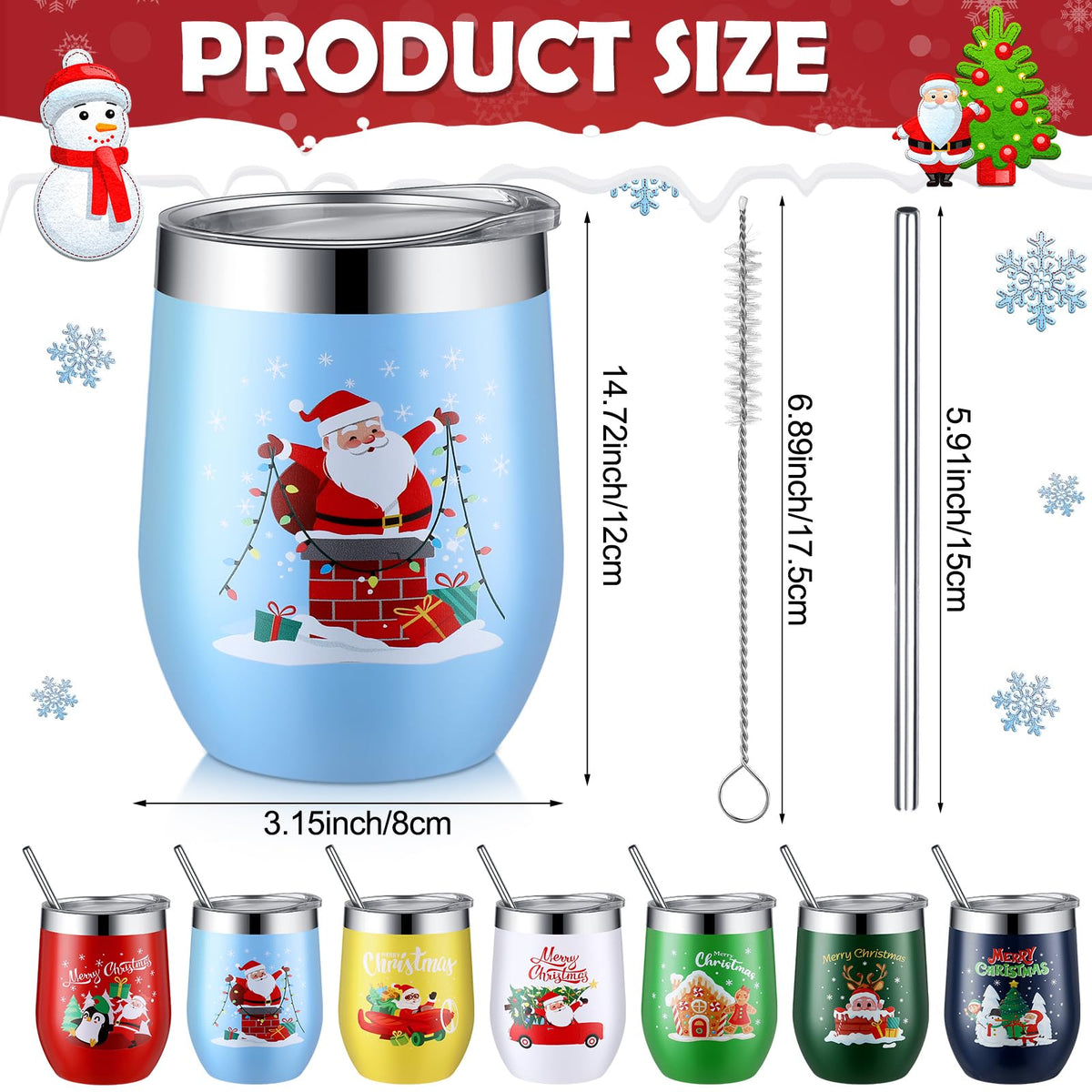 7 Set Christmas Wine Tumbler with Lid Straw Brush (7 Count)