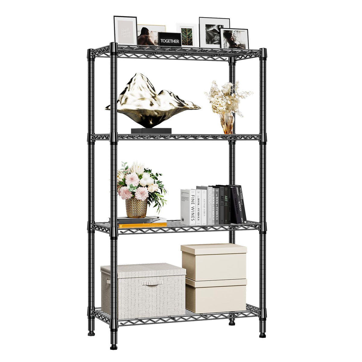1000 lbs 4 Tier Shelf Metal Storage Shelves Shelving Wire Rack Heavy Duty Closet Organizers for Garage Kitchen Bathroom Laundry Black 15.7" D x 33.5" W x 59.5" H (4 Count)
