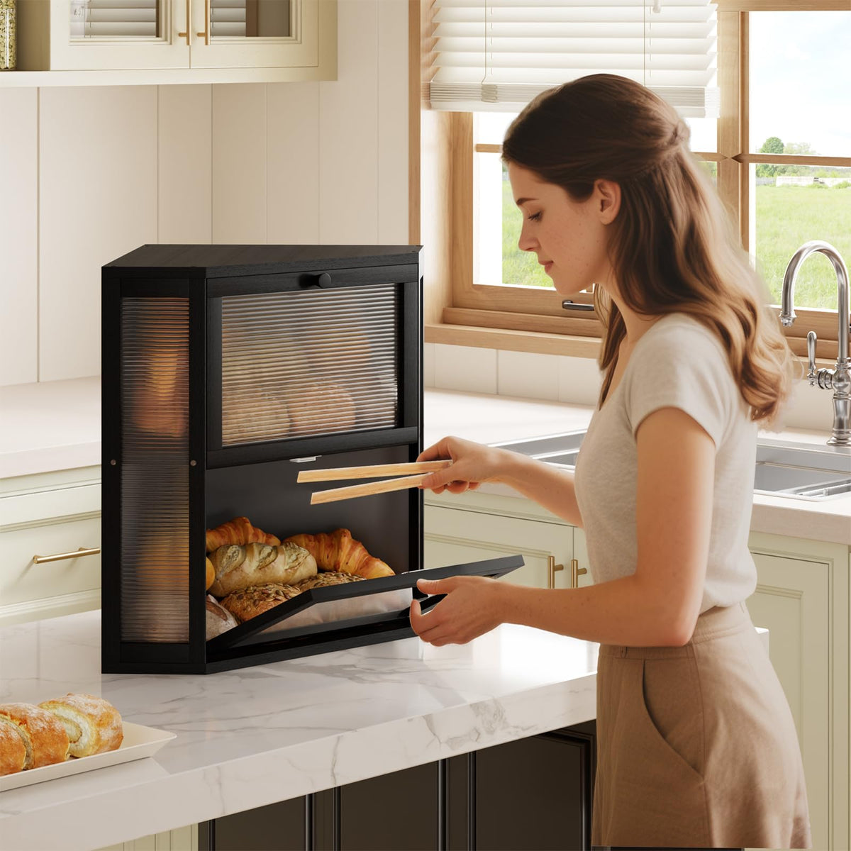 Double Layer Corner Bread Box for Kitchen Countertop with 2 Doors