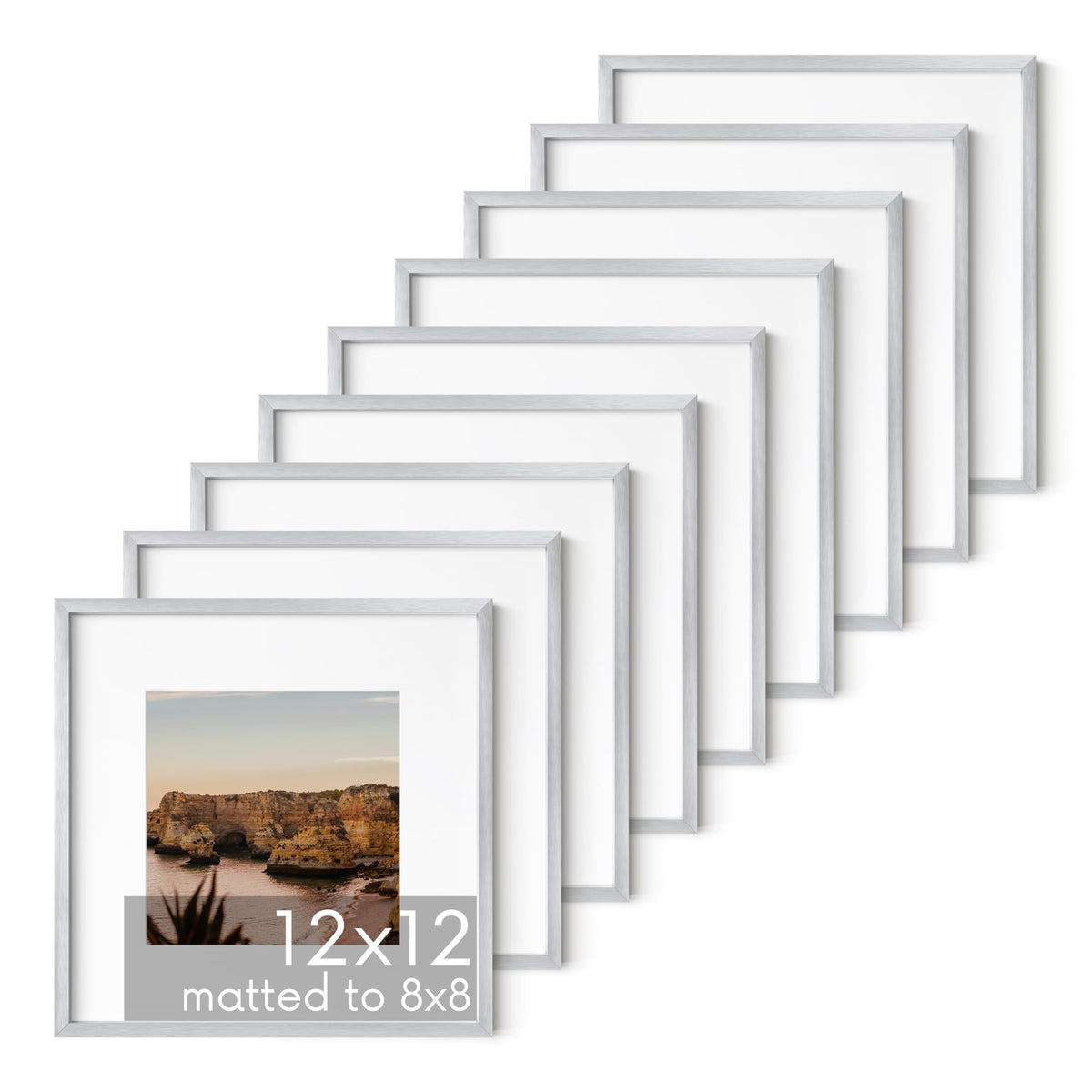 12x12 Silver Metal Picture Frames Matted to 8x8