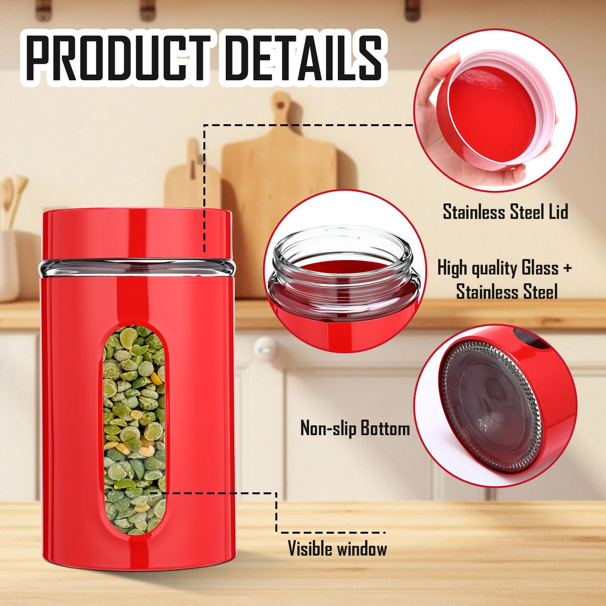 6 Pack Kitchen Canisters Set 20 oz Airtight Stainless Steel Canister Food Storage Container with Window Glass (6 Count)