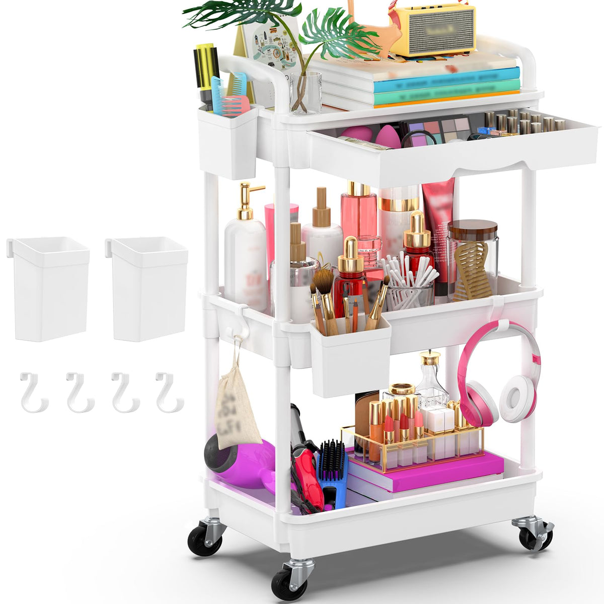 3 Tier Rolling Utility Cart Organizer with Removable Drawer