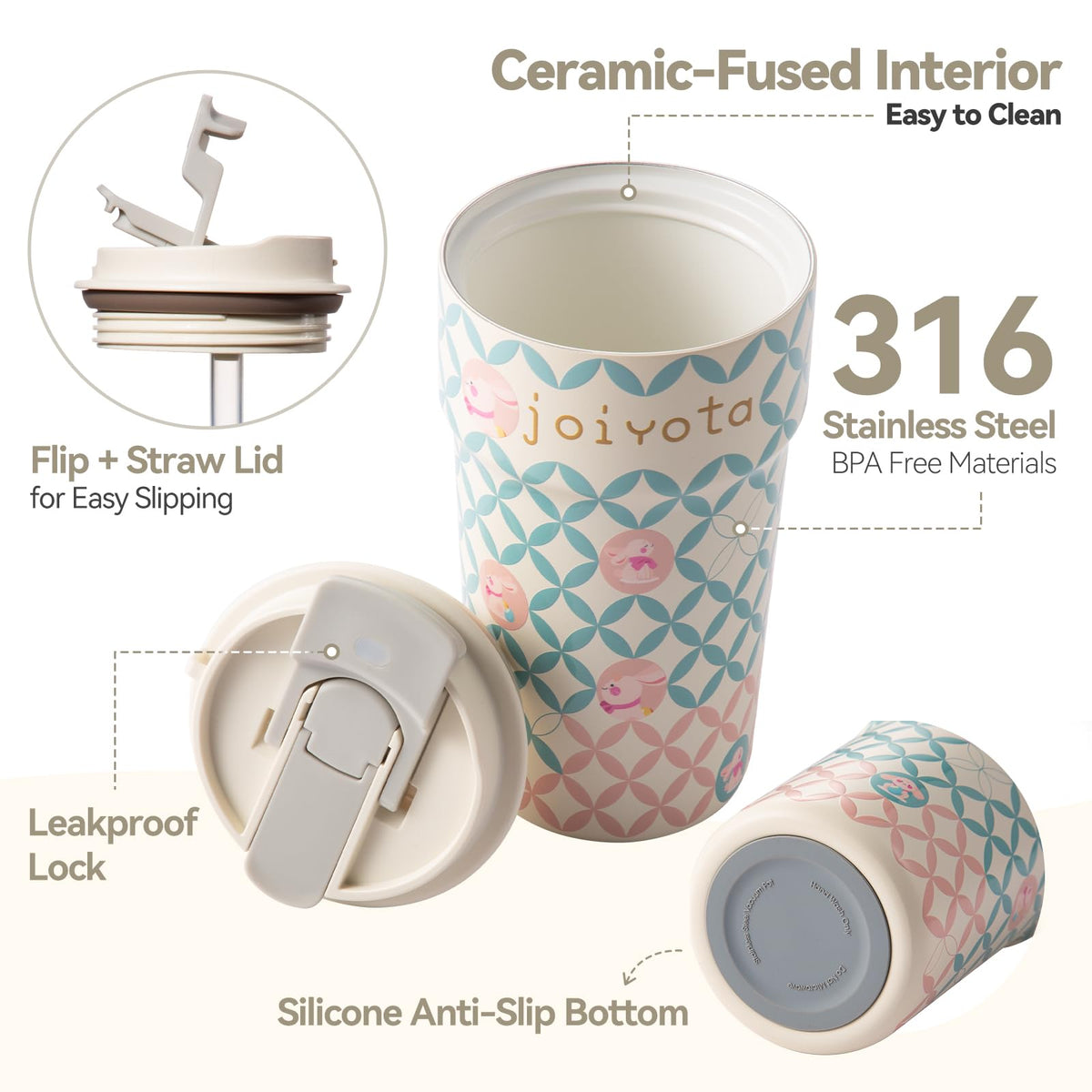 Cute Fortune Bunny 20oz Ceramic Lined Stainless Steel Tumbler