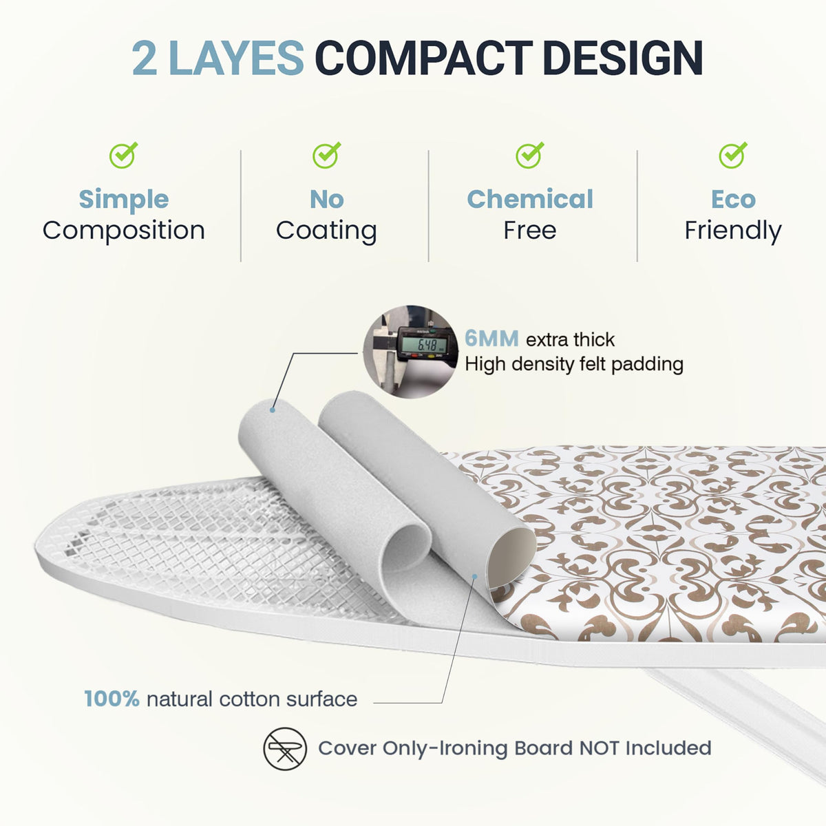 Ironing Board Cover and Pad 18"x49" Extra Thick Natural Cotton