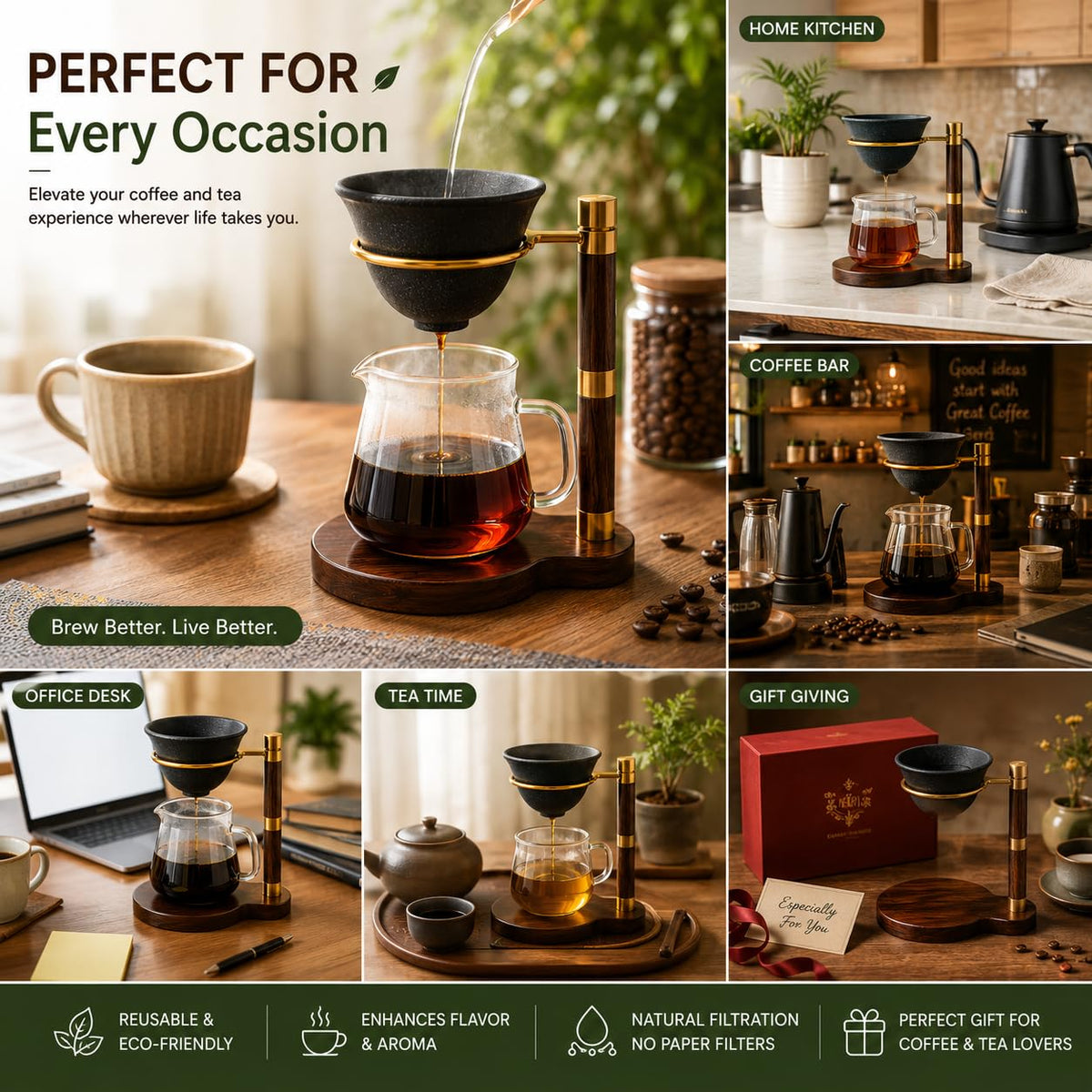 Sandstone Coffee Filter Dripper Set with Wooden Stand