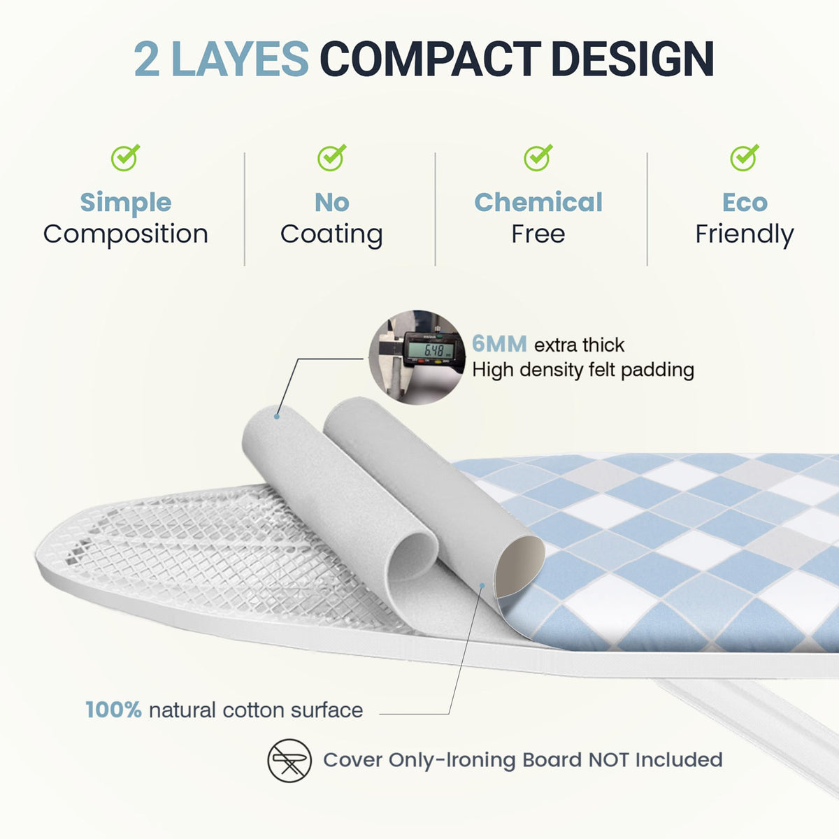 Ironing Board Cover and Pad 15"x54" Extra Thick Natural Cotton