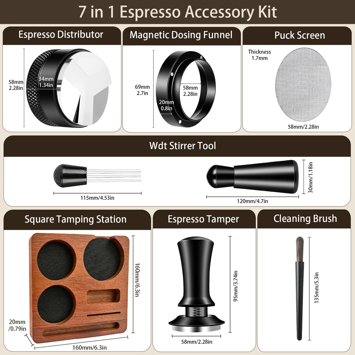 7 Pcs 58mm Espresso Tamper Tools Accessories Kit for Coffee WDT Tool Set