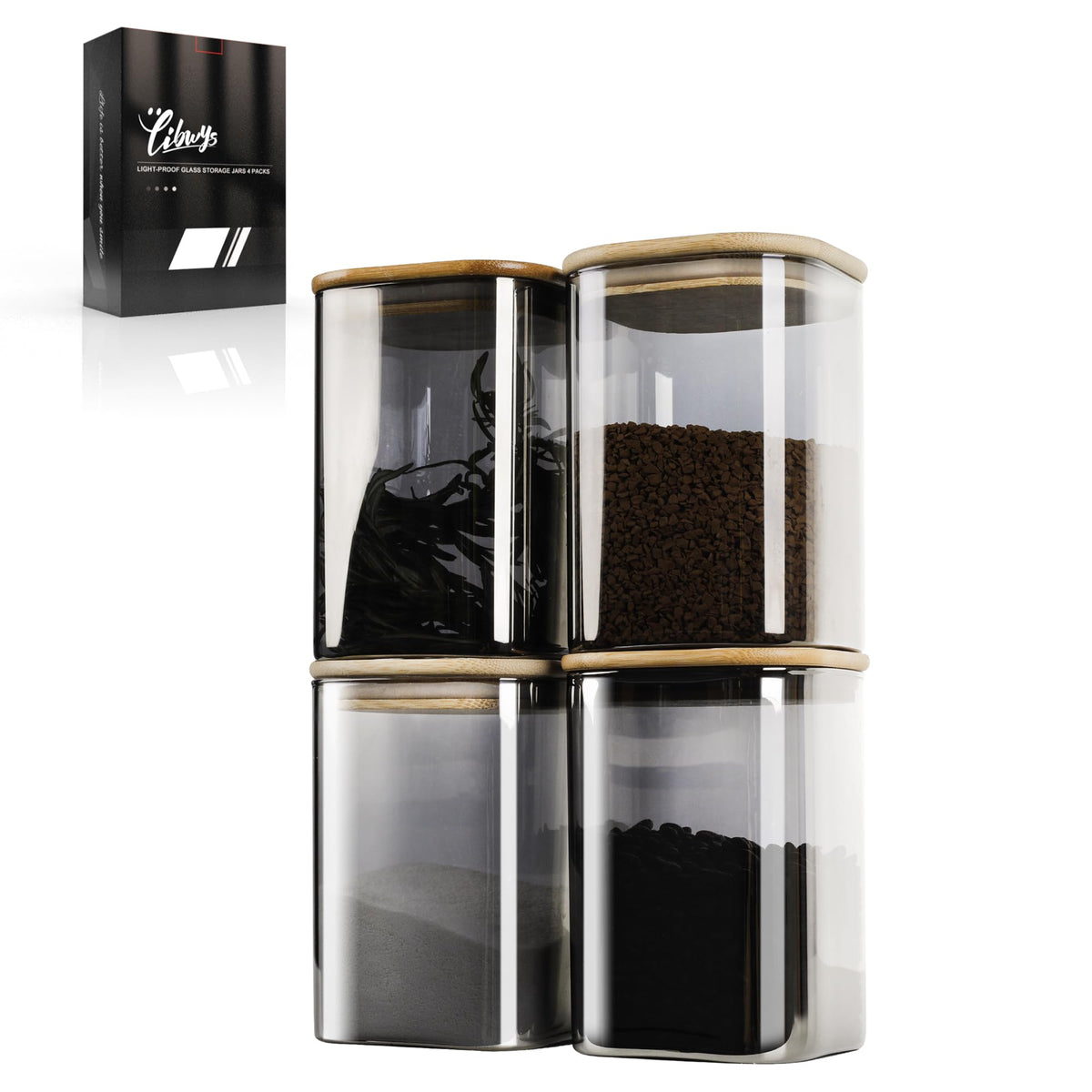 4-Pack Anti-UV Square Glass Storage Jars with Bamboo Lids (1.22Qt) (4 Count)