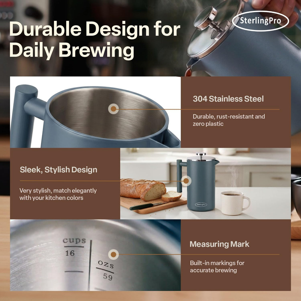 Non Toxic Extra Large Insulated Stainless Steel French Press Coffee Maker 59oz