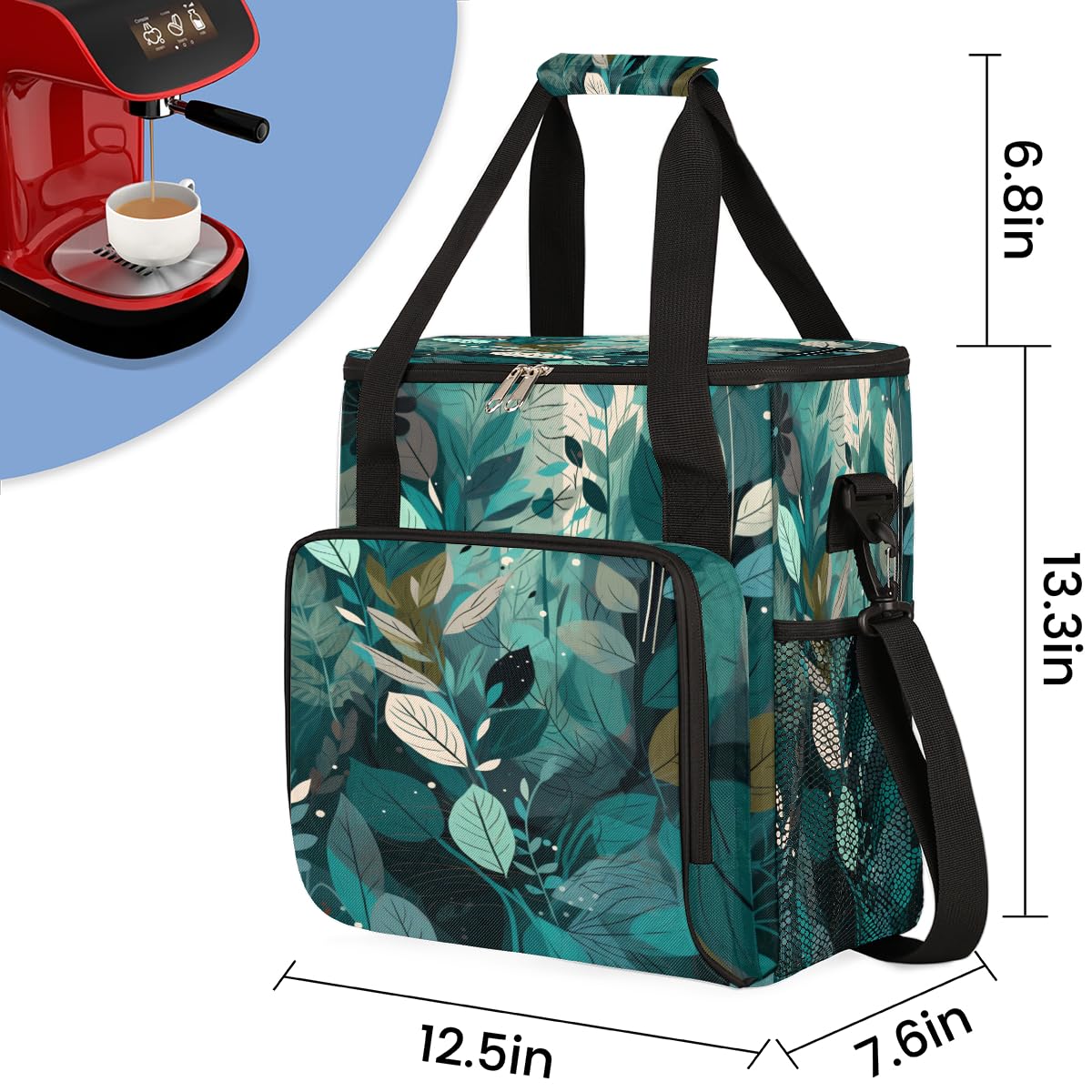 Turquoise Teal Leaves Coffee Maker Carring Bag Travel Carrying Storage Tote Bag Compatible with Keurig K