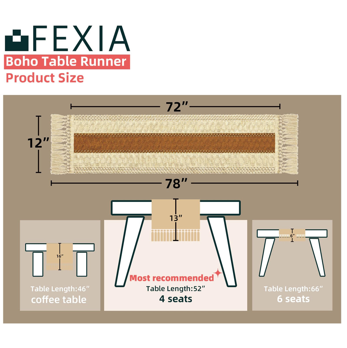 Boho Table Runner for Home Decor 12x72 Fall Coffee Table Decor Caramel (6 Foot)