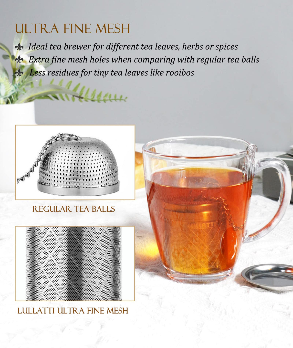 1 Pack 304 Steel Tea Infuser Fine Mesh Diamond with Long Chain