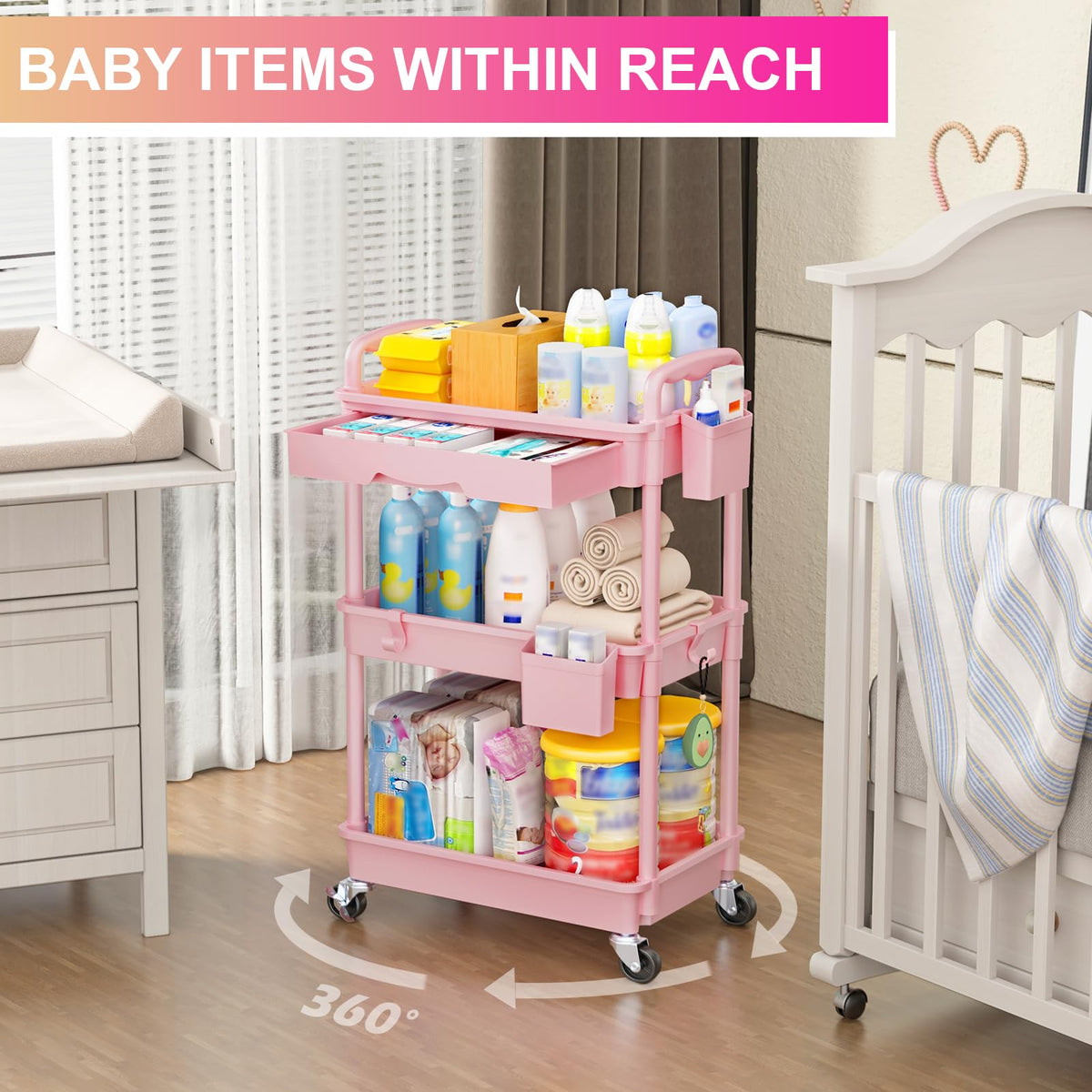 3 Tier Rolling Utility Cart Organizer with Removable Drawer