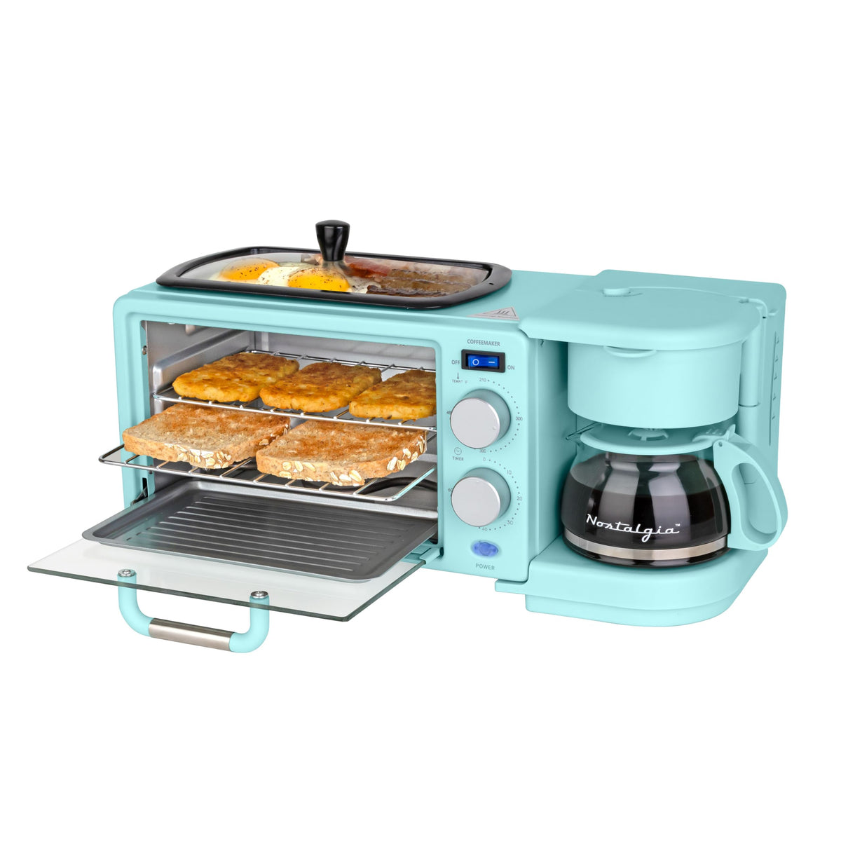 3-in-1 Retro Breakfast Station - Includes 5 (4 Oz) Cup Coffee Maker, Non-Stick Ceramic Griddle, and 4-Slice Toaster Oven - Built-In Timer, Reusable Coffee Filter, Space-Saving Design - Aqua