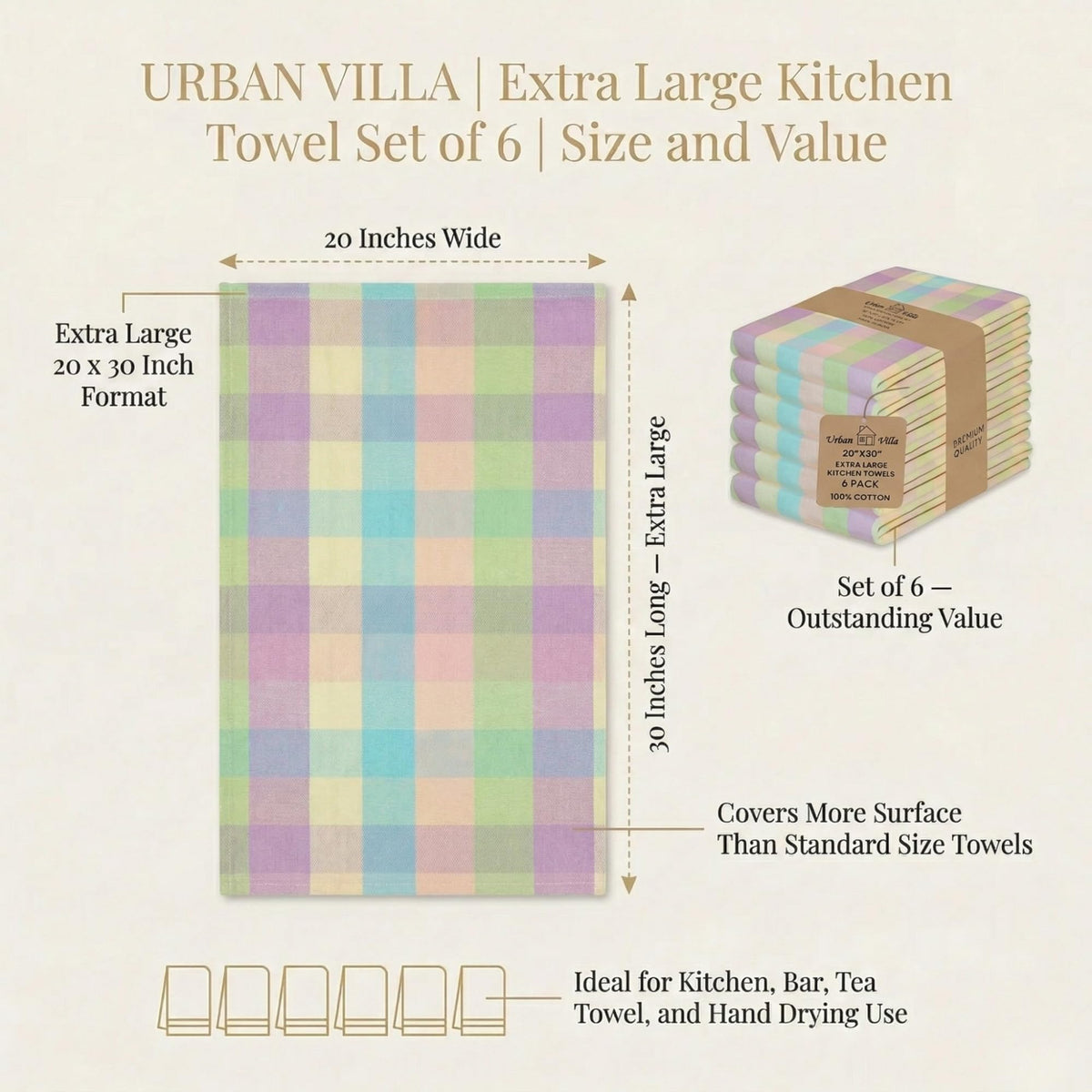 Kitchen Towels Cotton Dish Towels 20”x30” (6 Count)