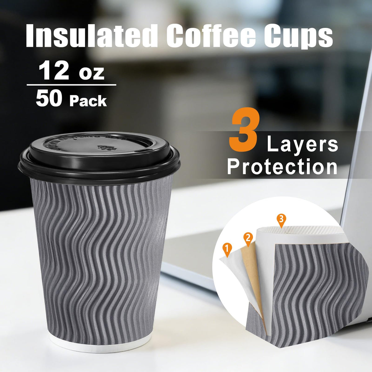 50 Pack 12 oz Paper Coffee Cups with Lids Disposable for Hot Drink (50 Count)