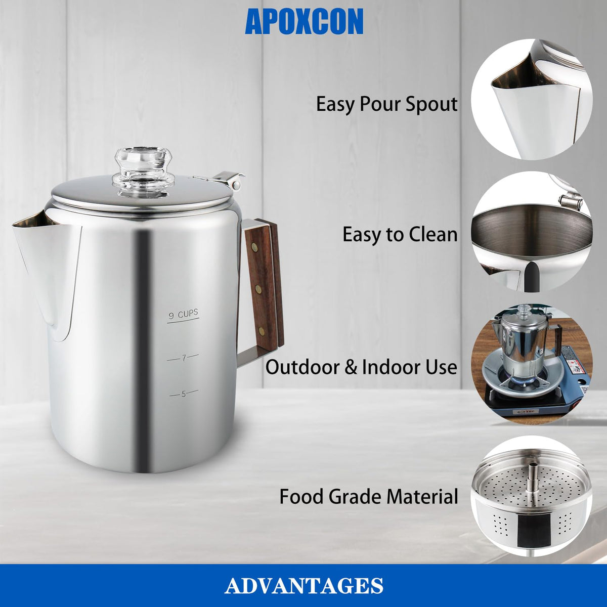Coffee Percolator Camping Coffee Pot Stainless Steel with Glass Knob Using on any Stovetop (9 Count)