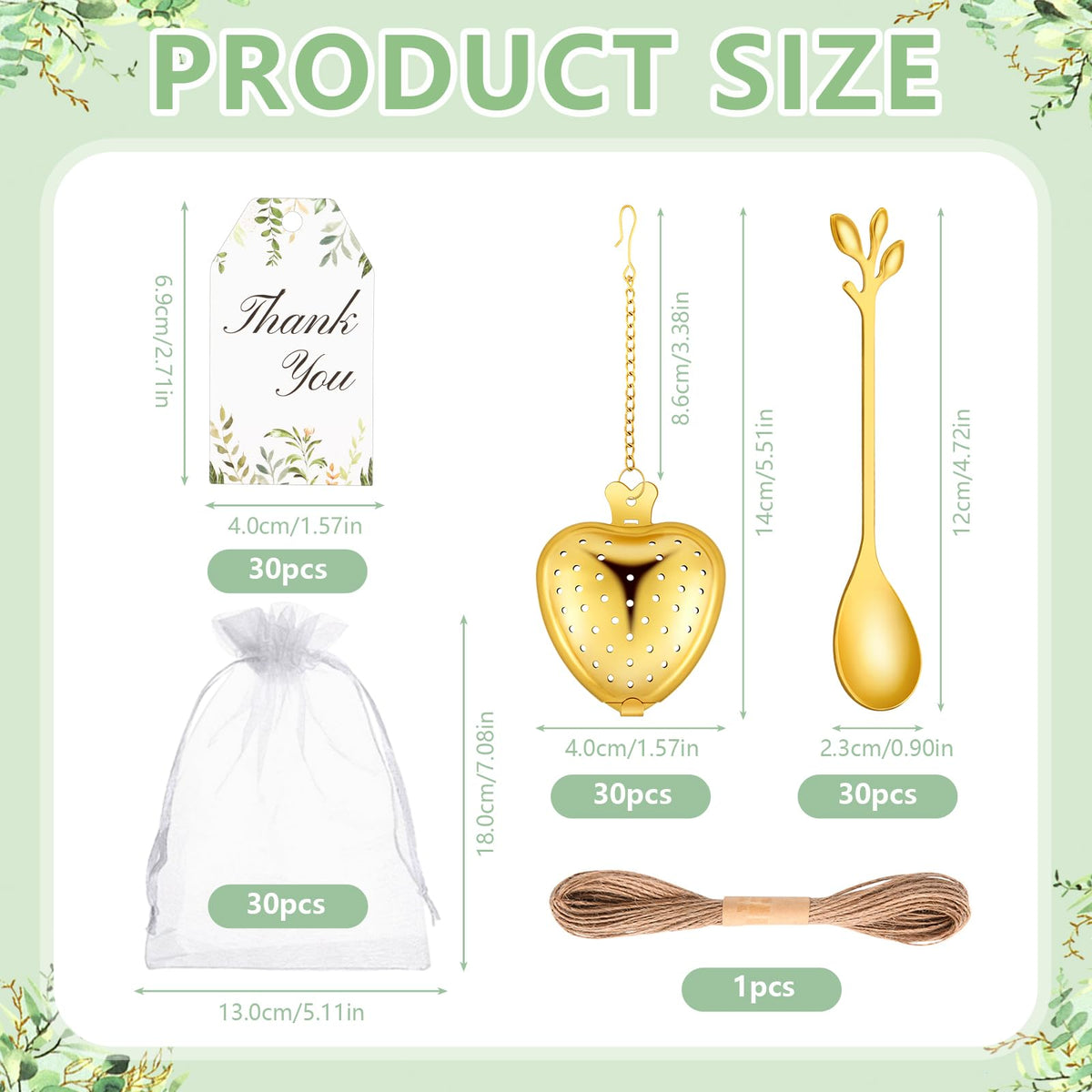 30 Sets Bridal Shower Tea Party Favor for Guests Leaf Tea Spoon Heart Tea Infuser for Loose Leaf Tea Steeper with Thank You Card Organza Bags for Wedding Gift Souvenirs Decoration