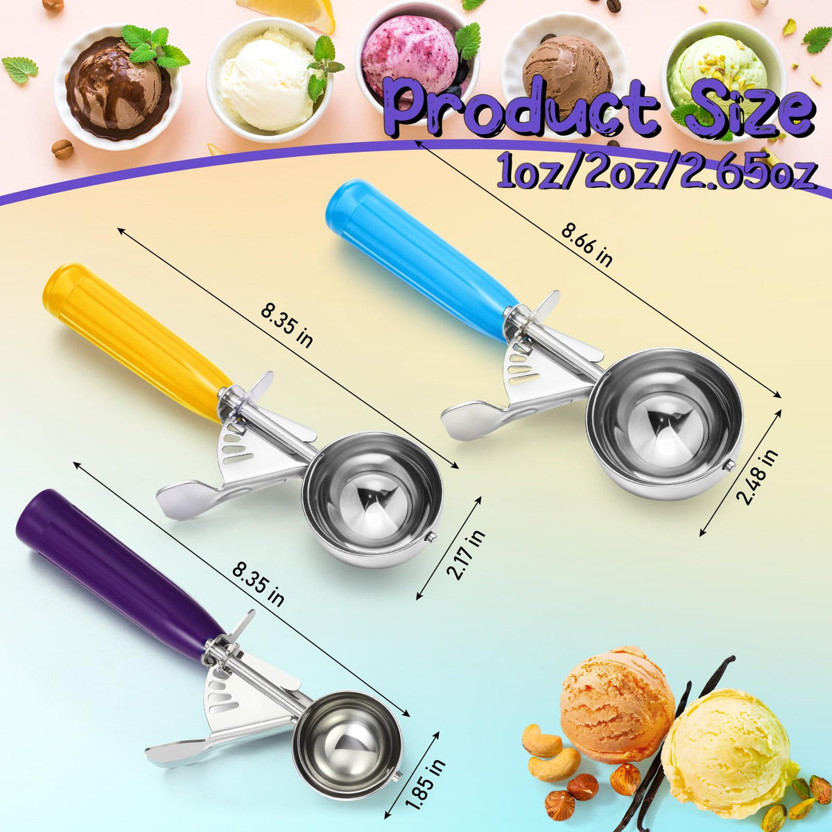 3 Pcs Release Cookie Scoops Ice Cream Scooper with Trigger Release Portion Scoop Stainless Steel for Portion Control (3 Count)